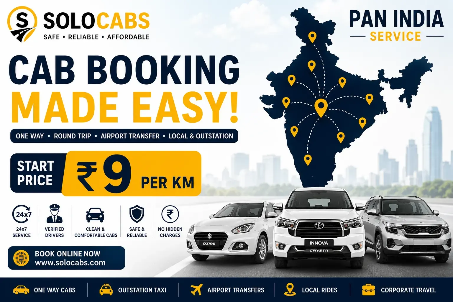 Online Cab Booking – One Way, Airport & Outstation Taxi Service | SoloCabs